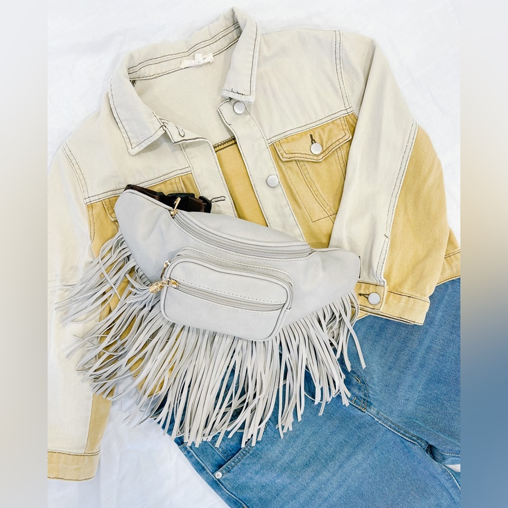 STONE GREY fringe sling bag. Brand new. 7”x16”